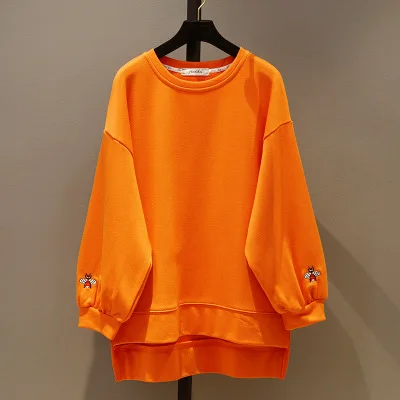 Orange Новые весенние модные женские пуловеры с круглым вырезом, топы с вышивкой, рукав летучая мышь, средней длины, студенческие толстовки, одноцветные толстовки с капюшоном - Цвет: Orange