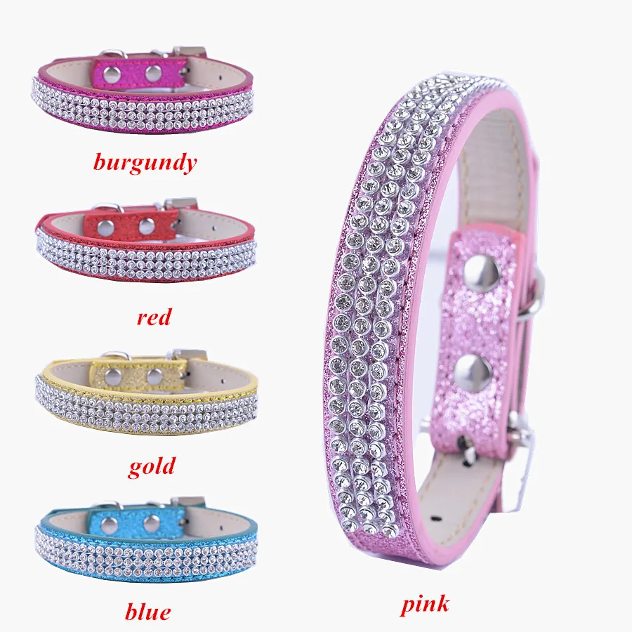 Leather Dog Collar Red Pink Blue Gold Crystal Diamante Collars Bling