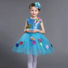 Детское платье-пачка для танцев с аппликацией; цвет белый, синий, розовый; Детские платья для девочек на свадьбу; коллекция года; летнее короткое Пышное Платье с цветочным рисунком для девочек