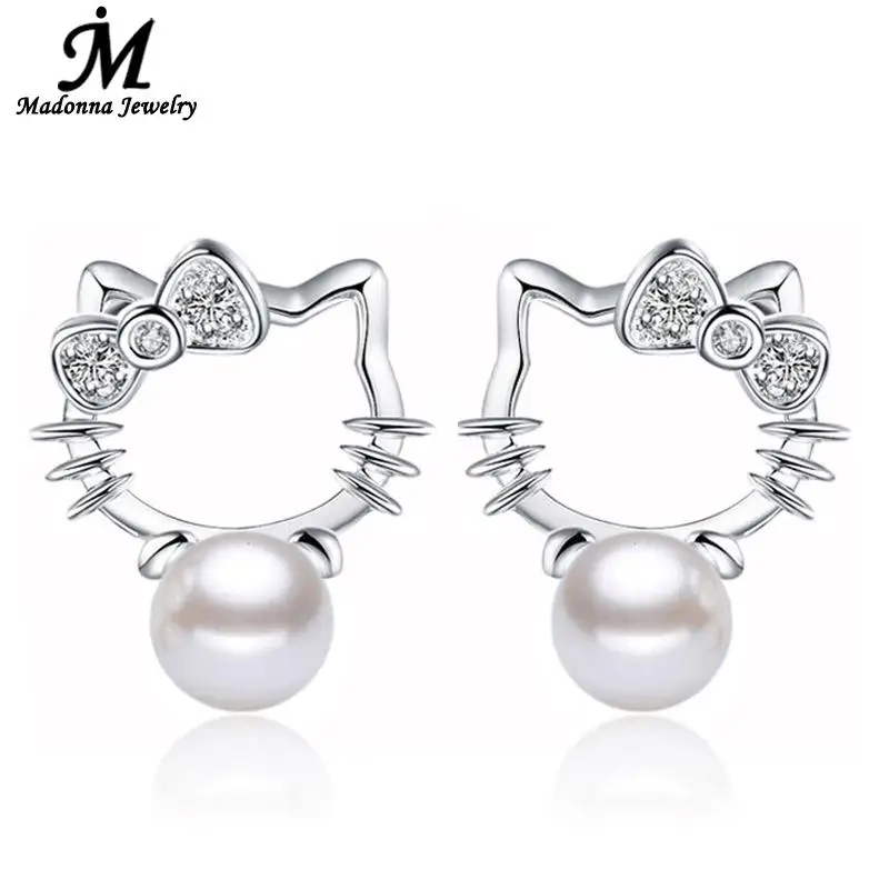 

Fashion Cute Cat Crystal Bow Design Silver Platedear Jewelry ABS Simulated Pearl Stud Earrings alibaba express hot selling