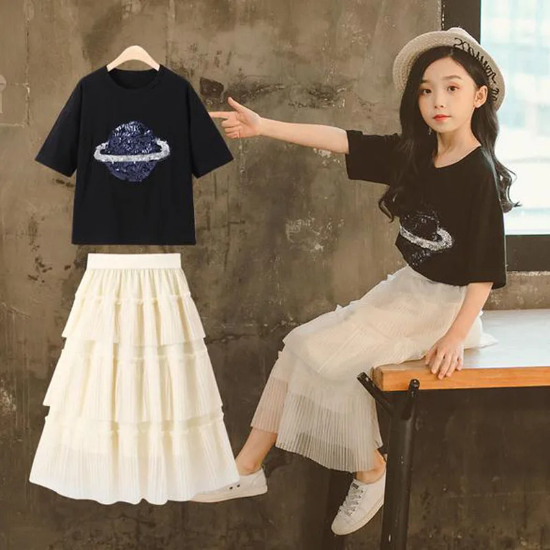 

Summer Girls Clothes Sets Teen Girl Short Sleeve Sequin T-Shirt Tops+Skirt Suits Kids Clothing Long Cake Skirt Children Clothes