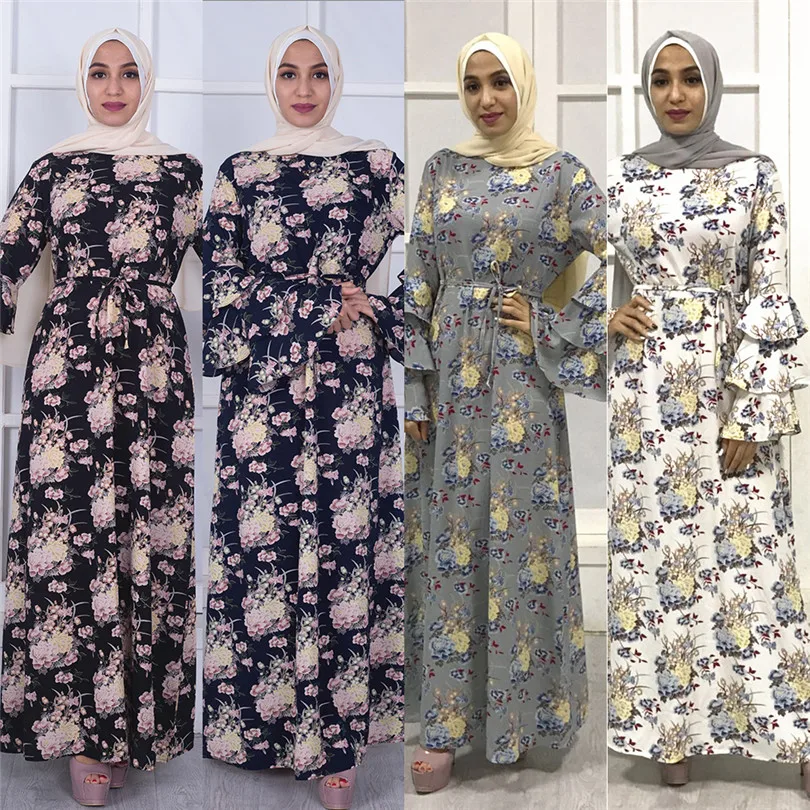 

2019 Islamic Dress Print Floral Abaya Flare Sleeve Moroccan Kaftan Pakista Turkey Arabic Dubai Robe Musulmane Eid Muslim Dresses