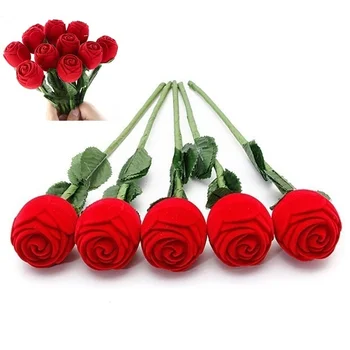 

New Individuality Madam Ring Box Top Grade Velvet Plastic Handle Red Rose Flower Earring Jewelry Box Wholesale