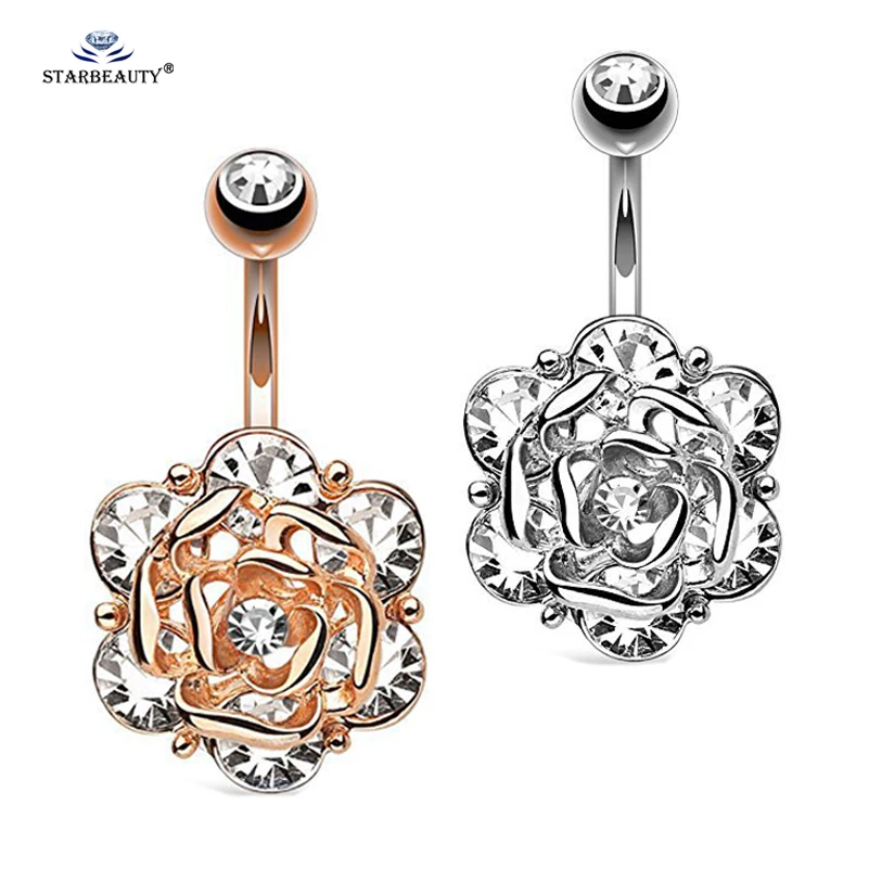Romantic Rose Belly Ring White Crystal Navel Piercing Ombligo Earrings Button Rings Flower Nombril |
