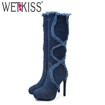 

WETKISS Denim Knee High Women Boots Round Toe Zip Rubber Footwear Platform Female Boot Casual High Heels Shoes Women 2018 New