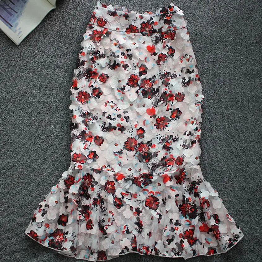 

Spring and summer chiffon skirt women high waist long floral petal fishtail lotus leaf skirt