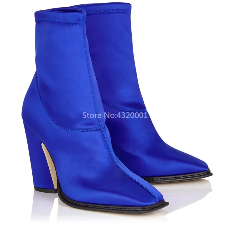 

Botines Mujer Fall 19 Collection Blue Black Stretch Satin Closed Toe Boot Latest Trends Thick High heels Ankle boots For Womens