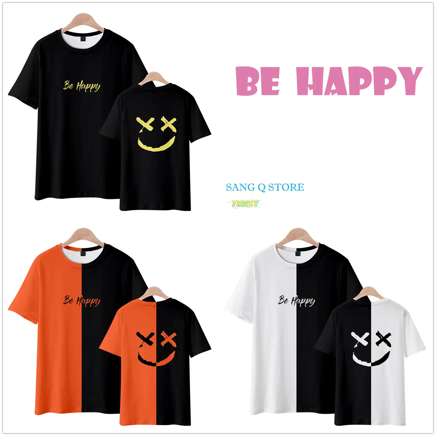 Мужские и женские футболки с коротким рукавом 3D принтом BE HAPPY черные летние