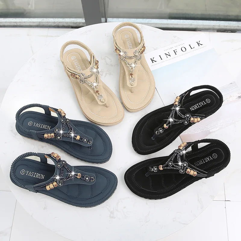 

2019 summer new style simple and simple solid color sandals women comfortable wild rhinestone decorative casual sandals