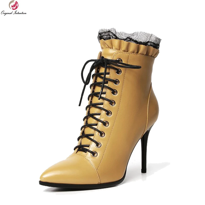 Оригинальное предназначение; элегантные женские ботильоны; красивые кружевные ботинки с острым носком на тонком каблуке; Цвет черный, желтый; женская обувь; американские размеры 4-10,5