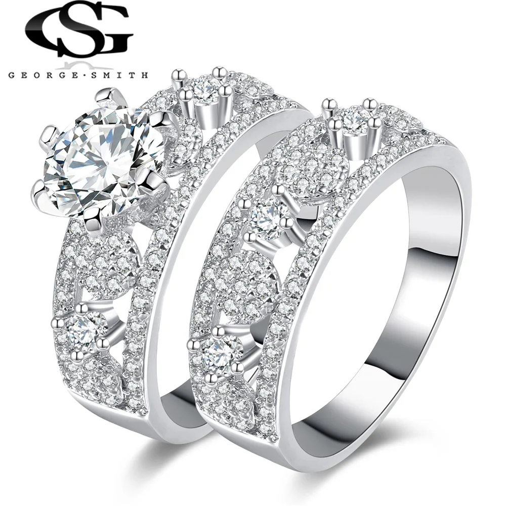 GS Silver Color Luxury Rings 2 Rounds Bijoux Fashion Wedding Ring Set ...