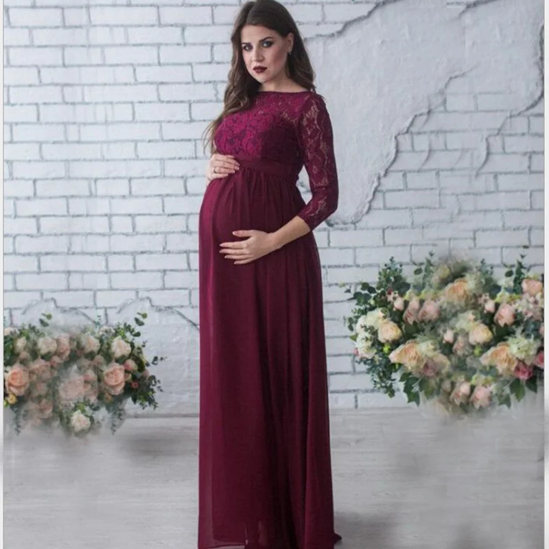 Длинные платье для кормящих Maternities подставки для фотографий средства ухода за кожей будущих мам с длинными рукавами кружево беременных
