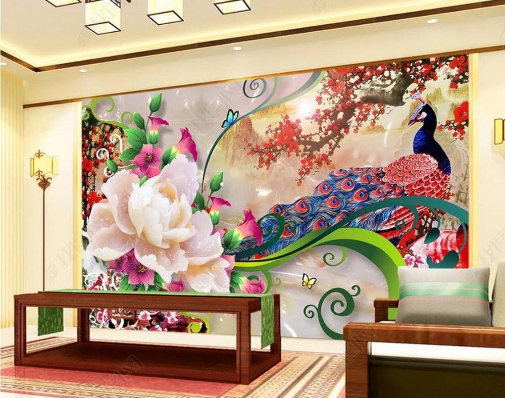 

3d wallpaper living room Custom 3d luxury wall paper Jade carving peony spring plumage peacock photo wallpaper murals