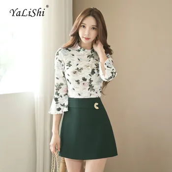 

Two Piece Set Women Autumn White Three Quarter Flare Sleeve O-neck Print Office Floral Top and Casual Mini Skirt 2018 Vestidos