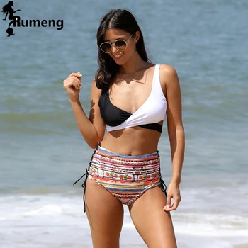 

RUMENG High Waist Cross Brazilian Bikinis Women Swimsuit Swimwear Fall Floral Cross Criss Bikini Set Halter Bathing Suit