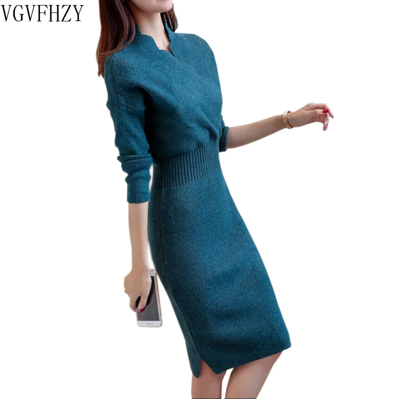 

2018 Autumn Winter Womens Fashion Sexy Slim Cross V-Neck Sweater Dresses Female Long Sleeve Knitted Warm Thicken Sweater Dress
