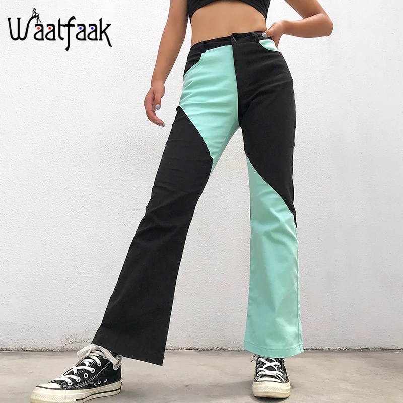

Waataak Contrast Black Slim Patchwork High Waist Harem Pants Women Flare Pants Pockets Ladies Autumn Sweatpants Club Trousers