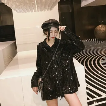 

Retro temperament sequins Heavy T-shirt casual simple black wild loose thin temperament fashion Straight Medium long section top