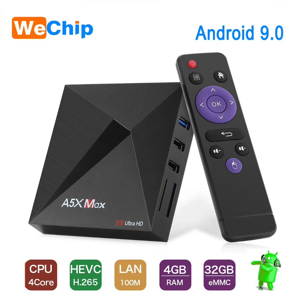 Wechip A5X MAX 4G+ 32G Smart Android 9,0 ТВ приставка RK3318 четырехъядерный процессор поддержка 4K DH 3,0 USB 2,4G Wifi Беспроводная приставка