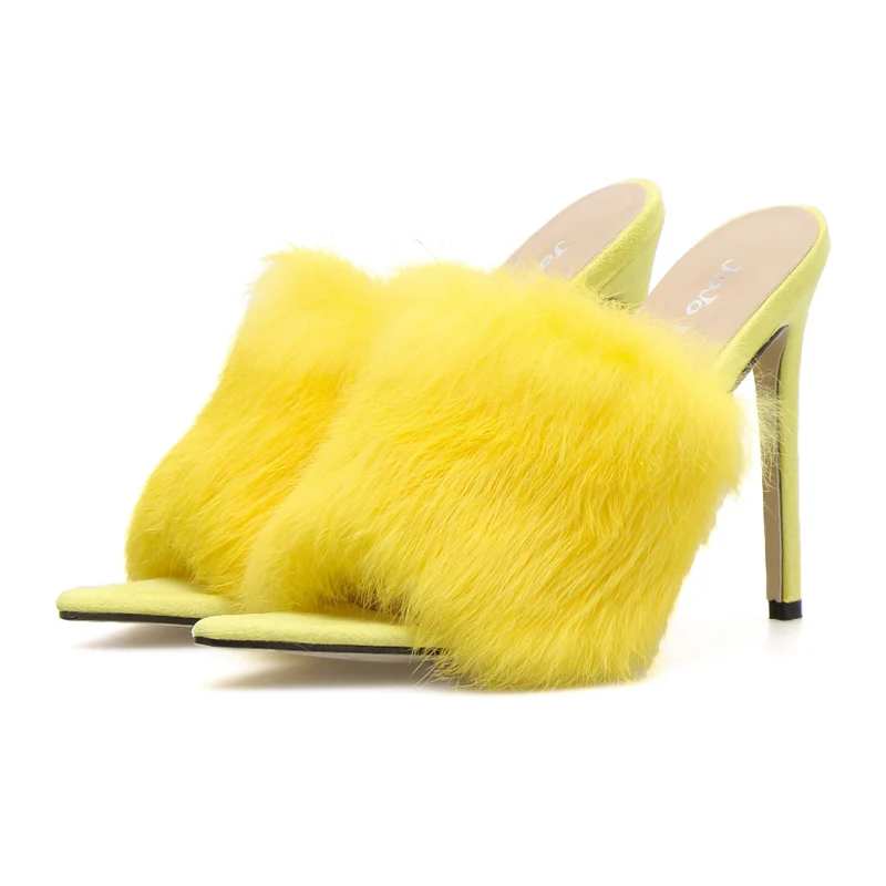 Летние модные женские туфли на высоком каблуке 11 см; цвет желтый, розовый; шлепанцы без задника на каблуке; женские Необычные тапочки на меху; туфли на шпильках