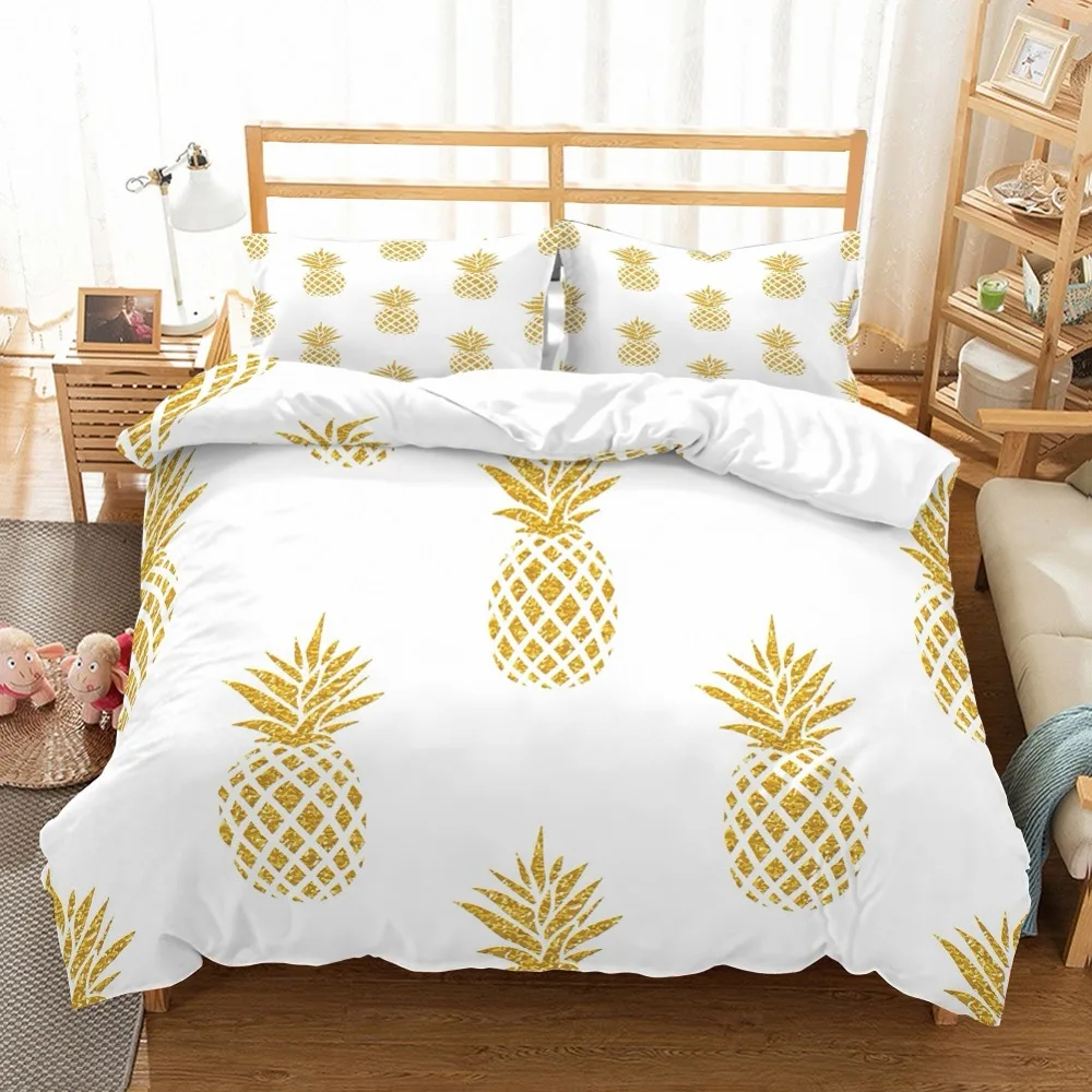 3D Dazzling Gold Pineapples Printed Background White Duvet ...