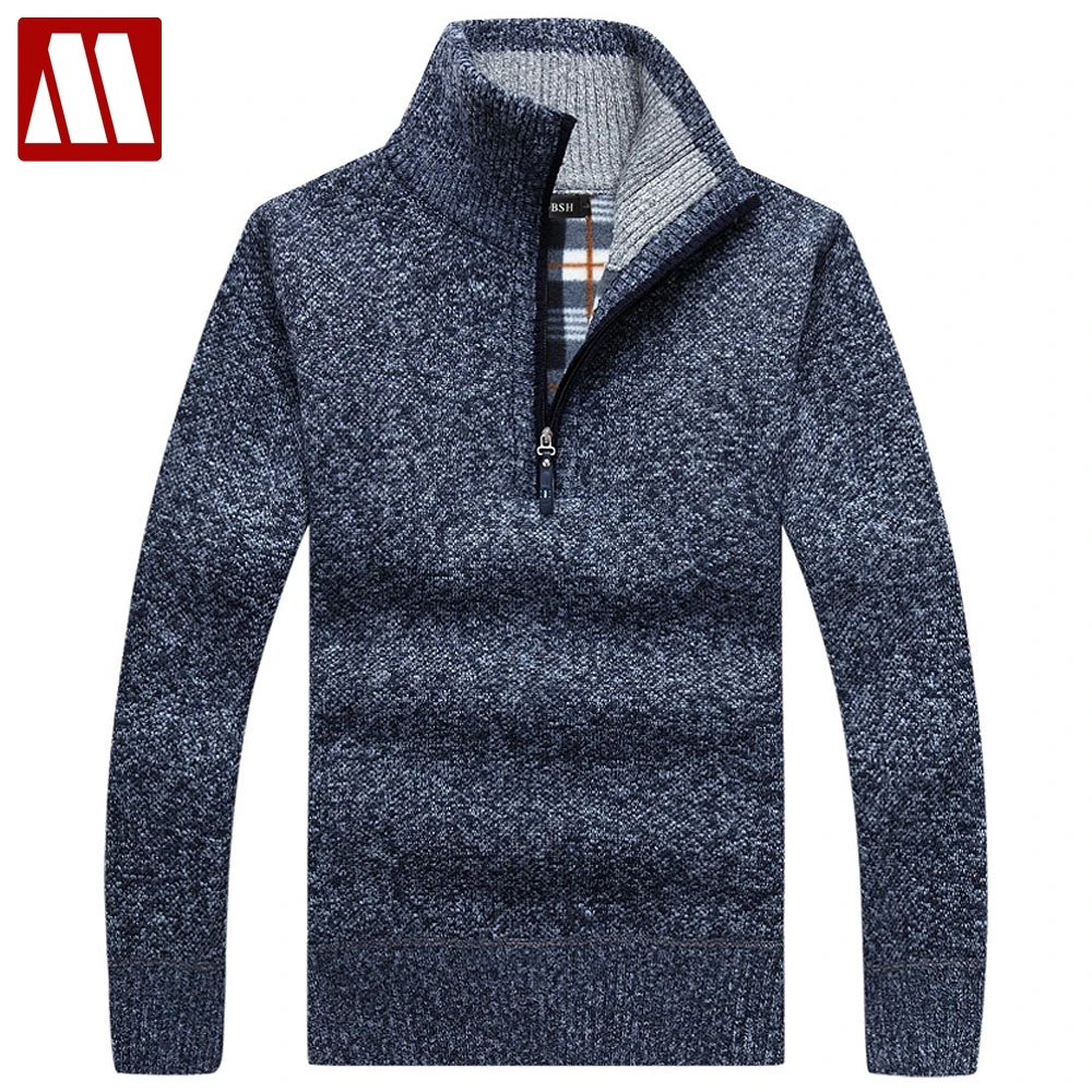 2019 New design autumn & winter male stand collar sweater solid thick full sleeve fleece liner pullovers men knitted sweaters