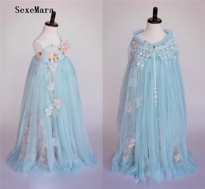 

New Arrival 3D Floral Feather Beaded Flower Girl Dress Girls Birthday Dresses 2019 Puffy Tulle Kids Pageant Gowns With Wraps