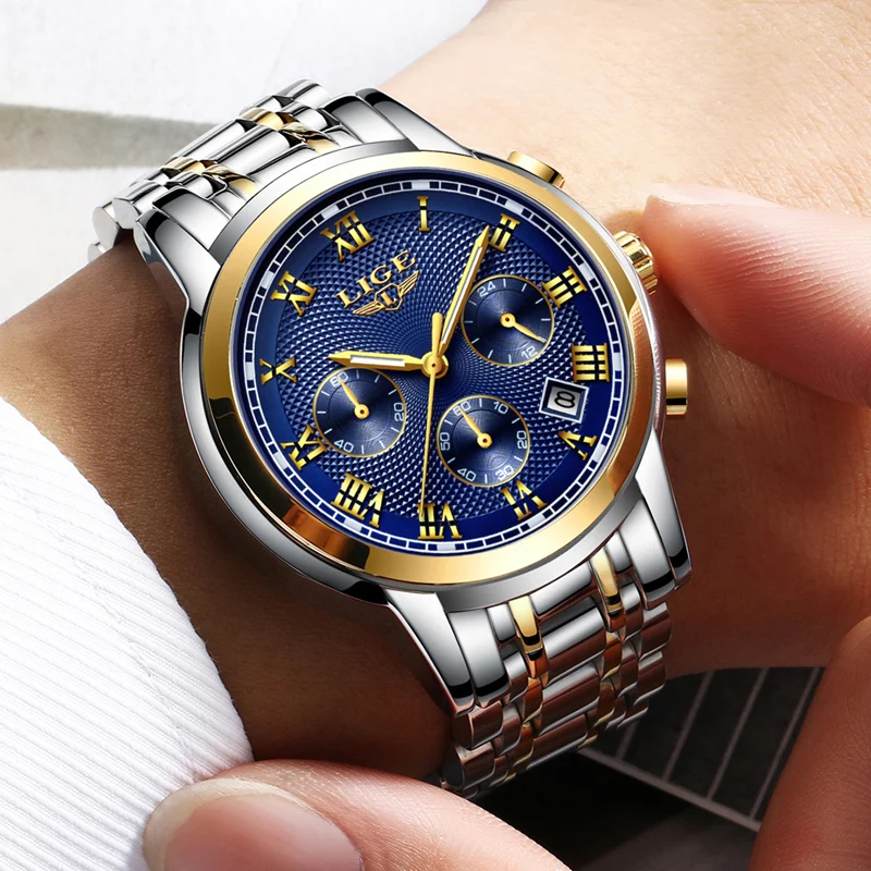 LIGE Men's Watches Fashion Brand Chronograph Quartz Watch Men All Steel Strap Military Sport Wrist Watch Gold Relogio Masculino