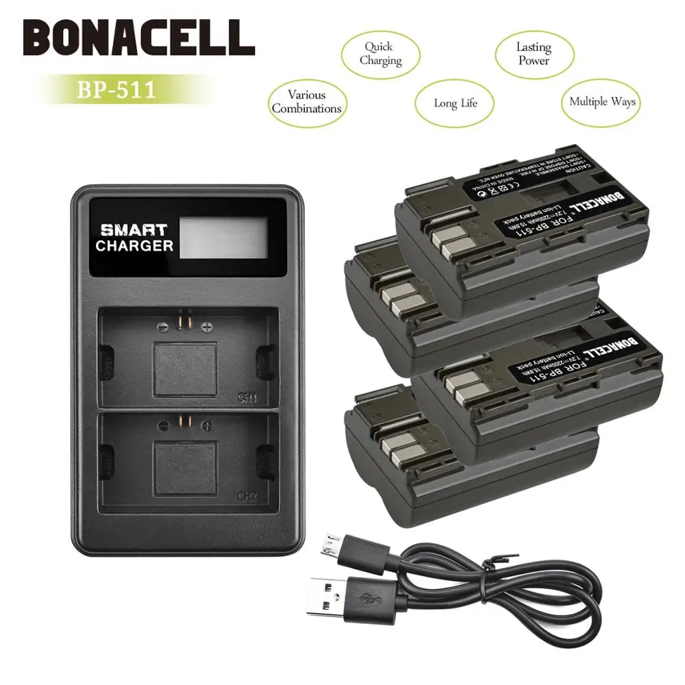 

Bonacell 7.2V 2200mAh BP-511 BP-511A BP 511A Battery+LCD Dual Charger For Canon EOS 40D 300D 5D 20D 30D 50D 10D G6 L10