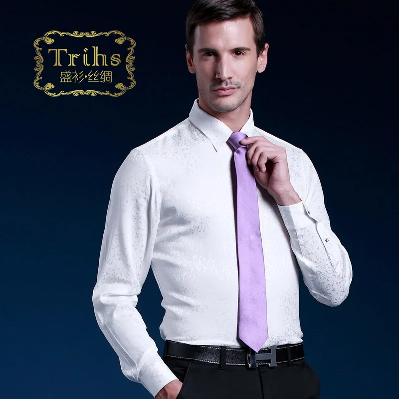 Trihs elastic silk sang bo satin white mulberry silk shirt male long