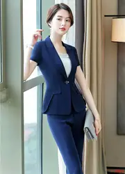 Летние Формальные женские брючные костюмы женский деловой костюм синий Блейзер и пиджак комплект рабочая одежда офисная одежда брючные