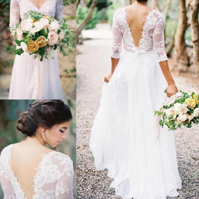 beach lace chiffon bohemian wedding dresses 2016 v neck three plus size bohemian wedding dresses