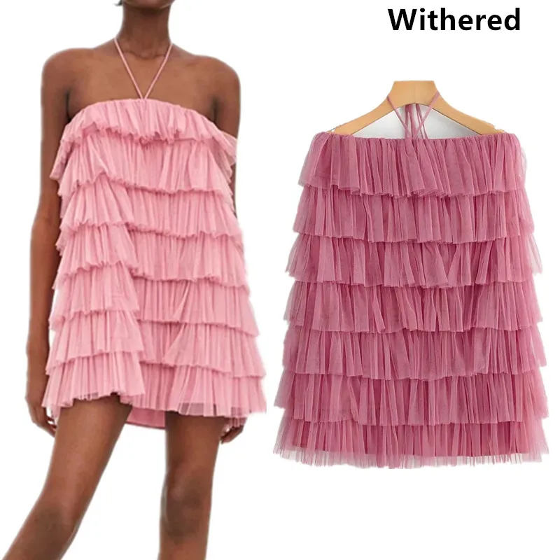 

Withered 2019 summer dress women vestidos cascading ruffles pink mini strapless vestidos de fiesta party dress 2 pieces set