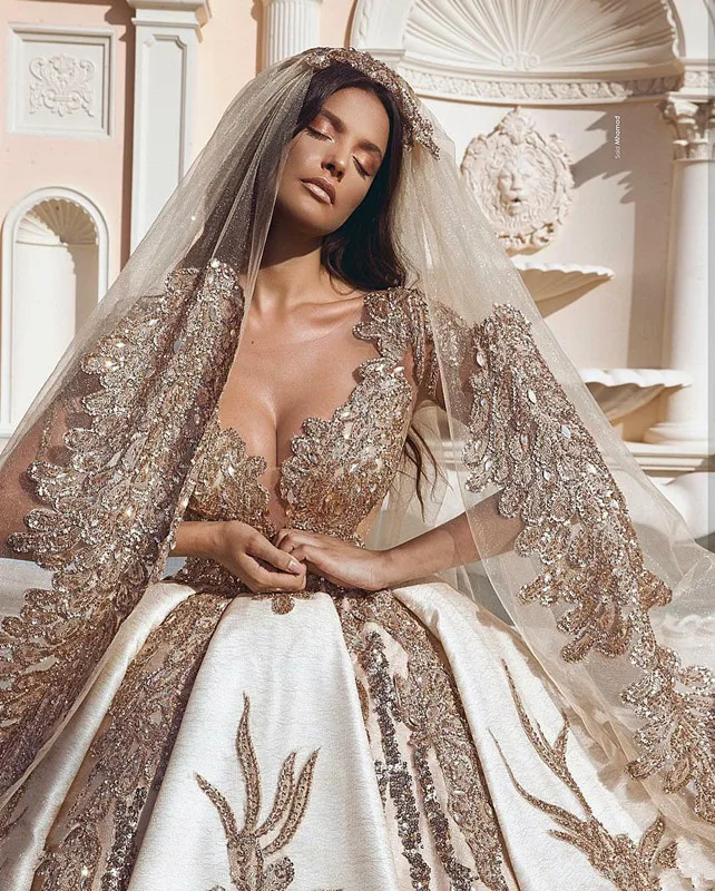 Дубай арабское винтажное свадебное платье es с длинным рукавом золотое кружево аппликация Блестки размера плюс свадебное платье с соборным шлейфом