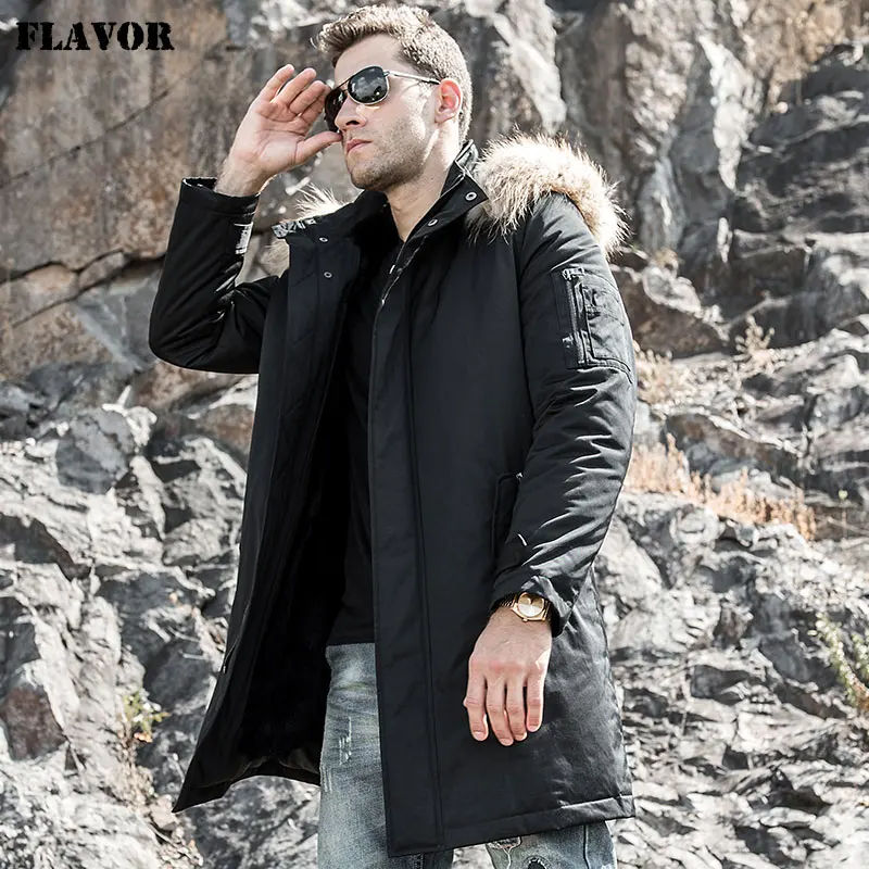 Мужское зимнее пальто на натуральном меху FLAVOR черная парка со съемным