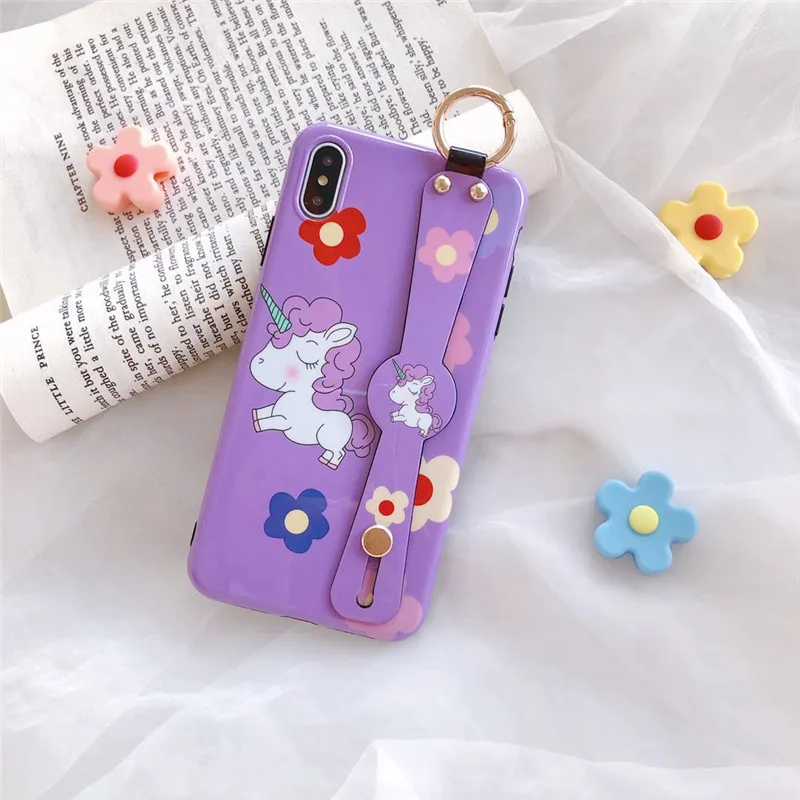 

Cute Unicorn Coque for Iphone Xr Case Wrist Strap Glossy IMD Back Cover Phone Cases for Iphone Xs Max 7 8 6 6s Plus X Case Cover