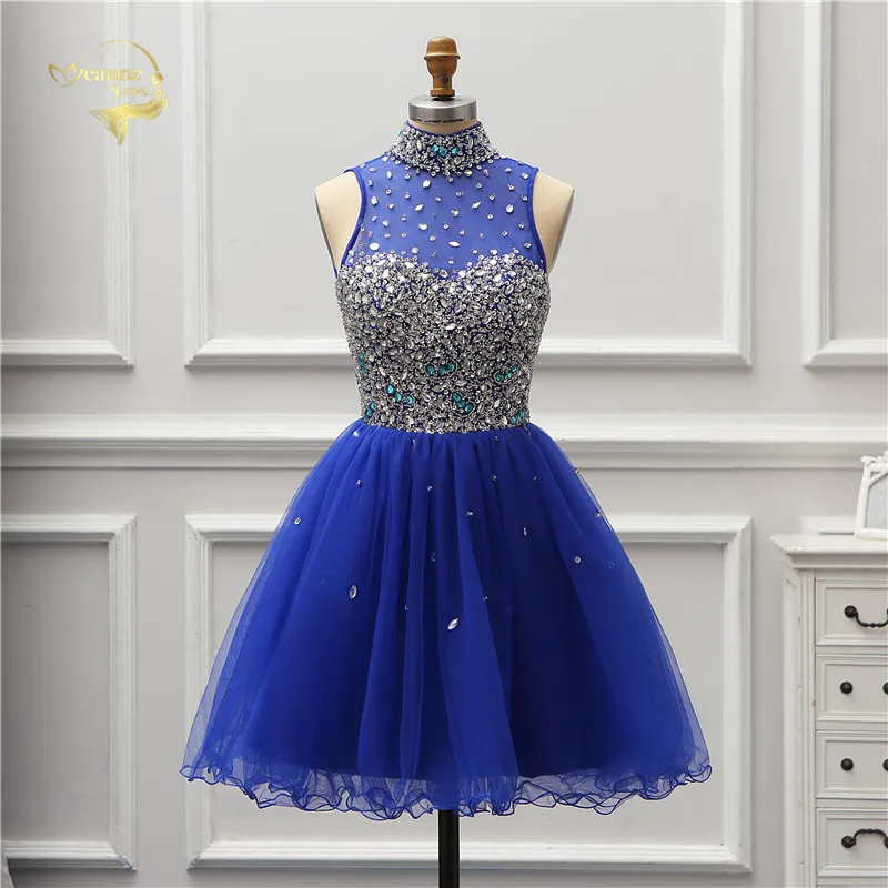 

Jeanne Love Sexy Knee Length Cocktail Dresses 2019 Crystal Illusion Royal Blue Party Dress Elegant Halter Girl Lady JO002945