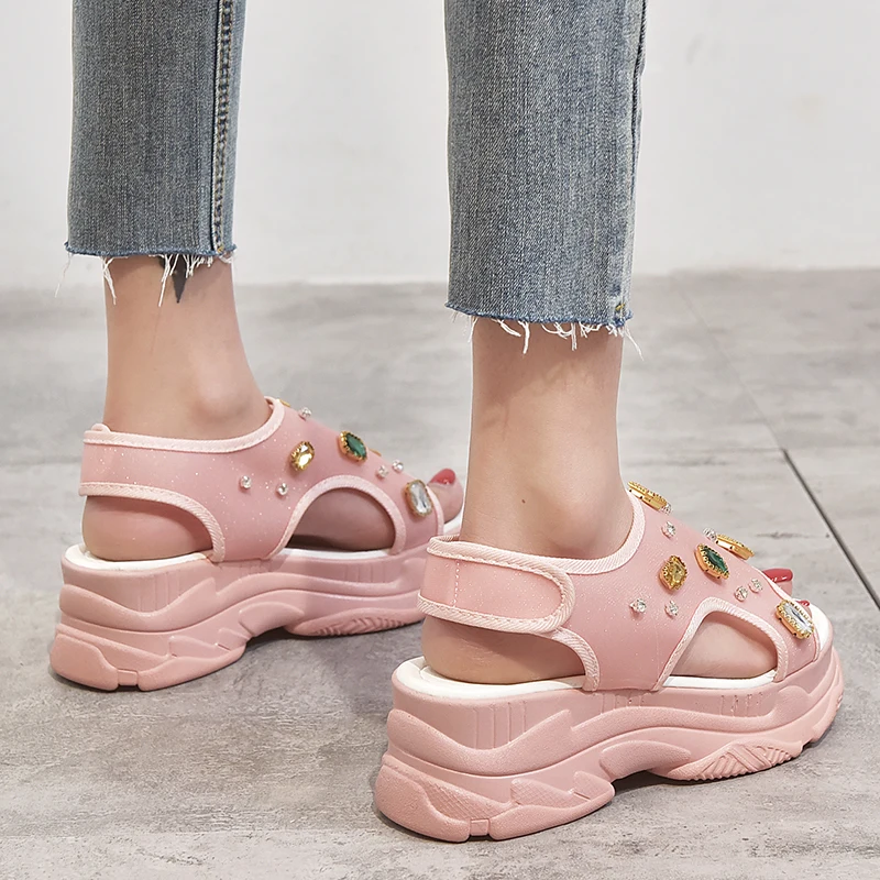 Zatsop New Gemstone Chunky Sandals Women sandales femme 2019 Crystal Platform Flat Sandals Ladies White Yellow Pink Summer Shoes