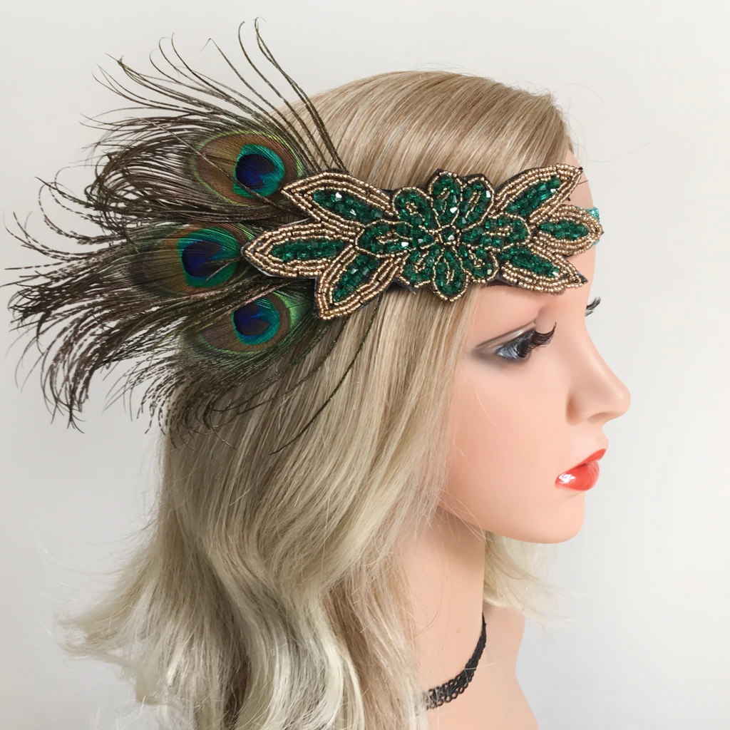 Preise Frauen Vintage Pfau Feder Grün Perlen Flapper Stirnband Roaring 20s Kopfstück 1920s Phantasie Kleid Fascinator Headwear