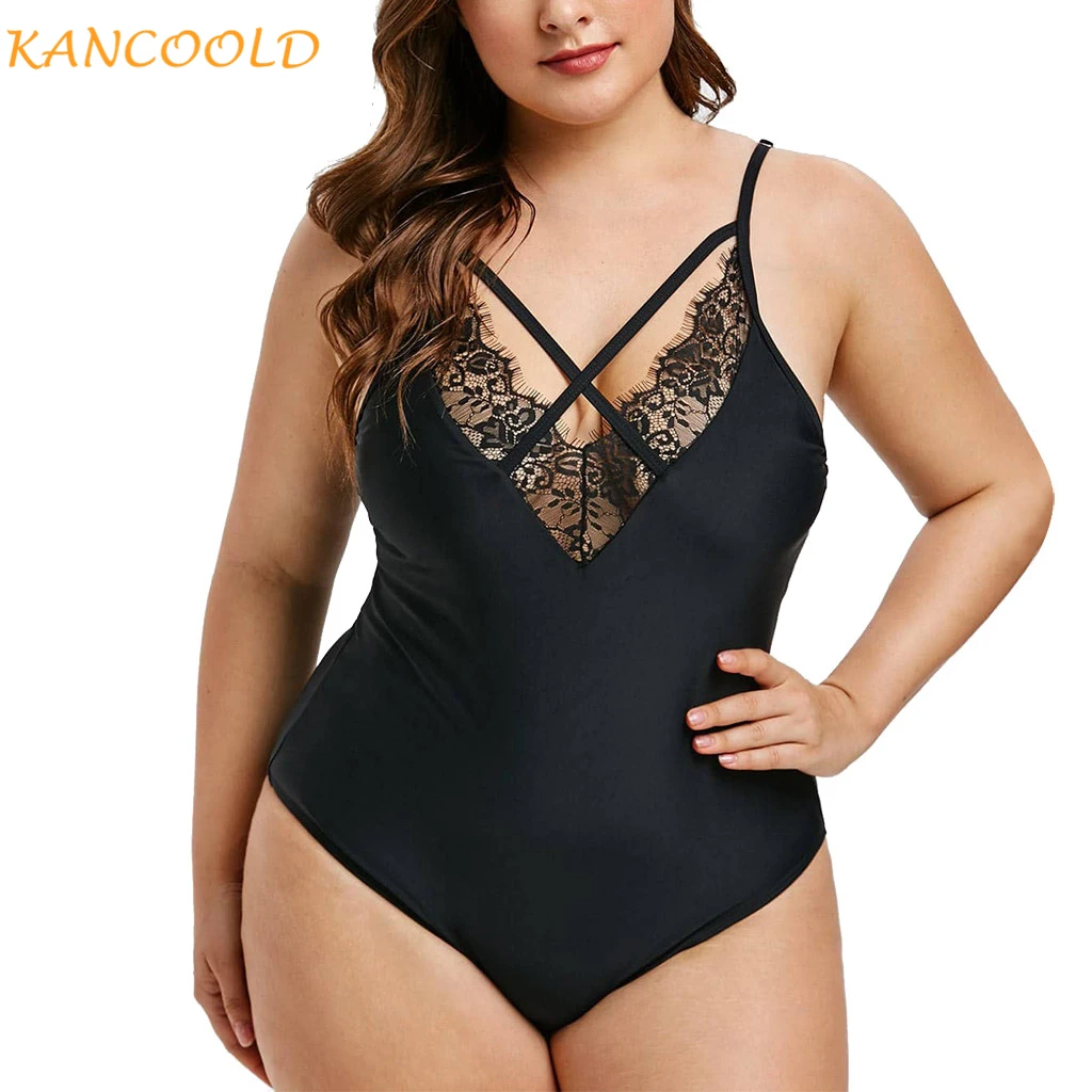 

KANCOOLD Clothes Women Plus Size One Piece Swimsuit Women Summer High Waisted Swimwear For Ladies Solid Lace Cross Bikini Set