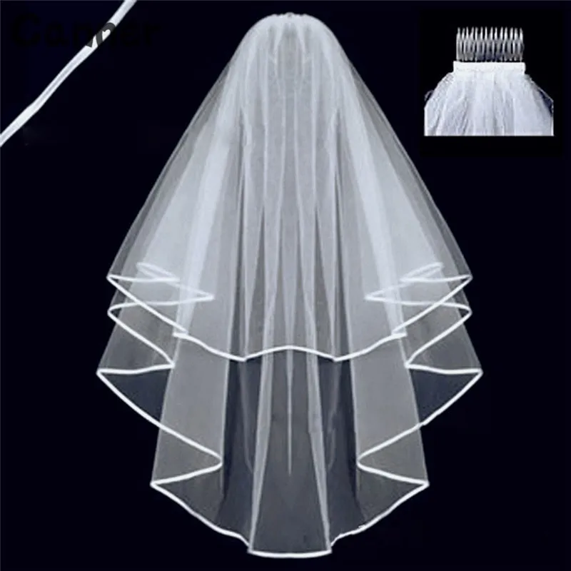 Canner White Ivory Two Layers Wedding Veils Simple And Elegent Short Bridal Tulle Edge White Lace Bridal Veil With Comb A30