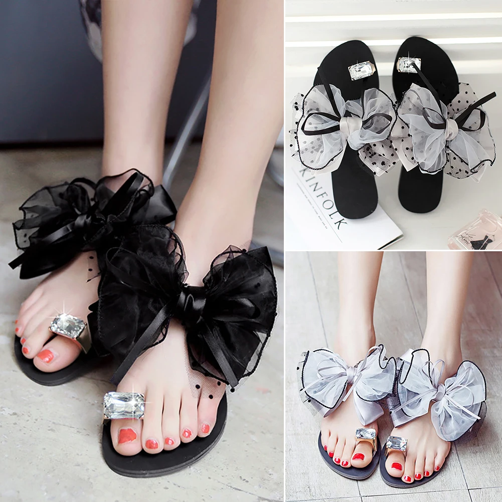

Women Liesda Toe Bow Diamantae Summer Flat Flip Flop Thong Sandals Ladies Beach Shoes