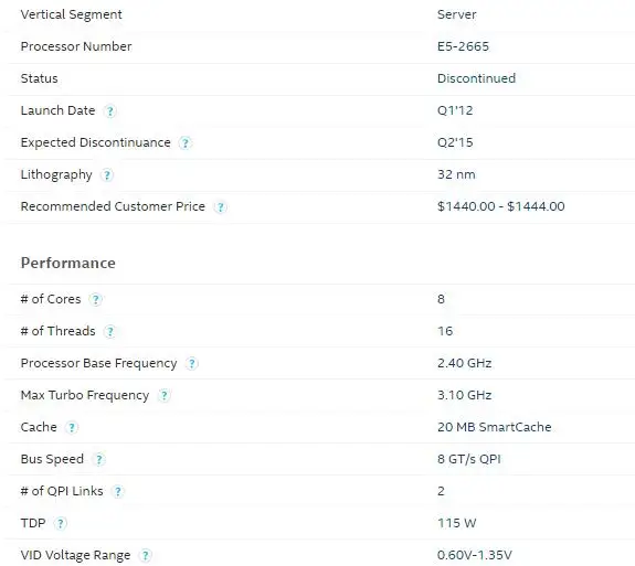 Процессор Intel Xeon E5 2665 C2 20M cache 2,40 GHz 8,00 GT/s 115W SROL1 LGA 2011 cpu