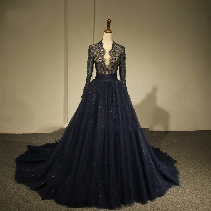 Скромное вечернее платье темно-синего цвета с длинными рукавами robe de soiree longue A Line Вечерние платья с бисером vestido de festa deabendkleider