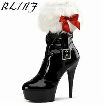 

RLINF Boots Female Winter Snow Boots High Heels Plush Patent Leather Boots