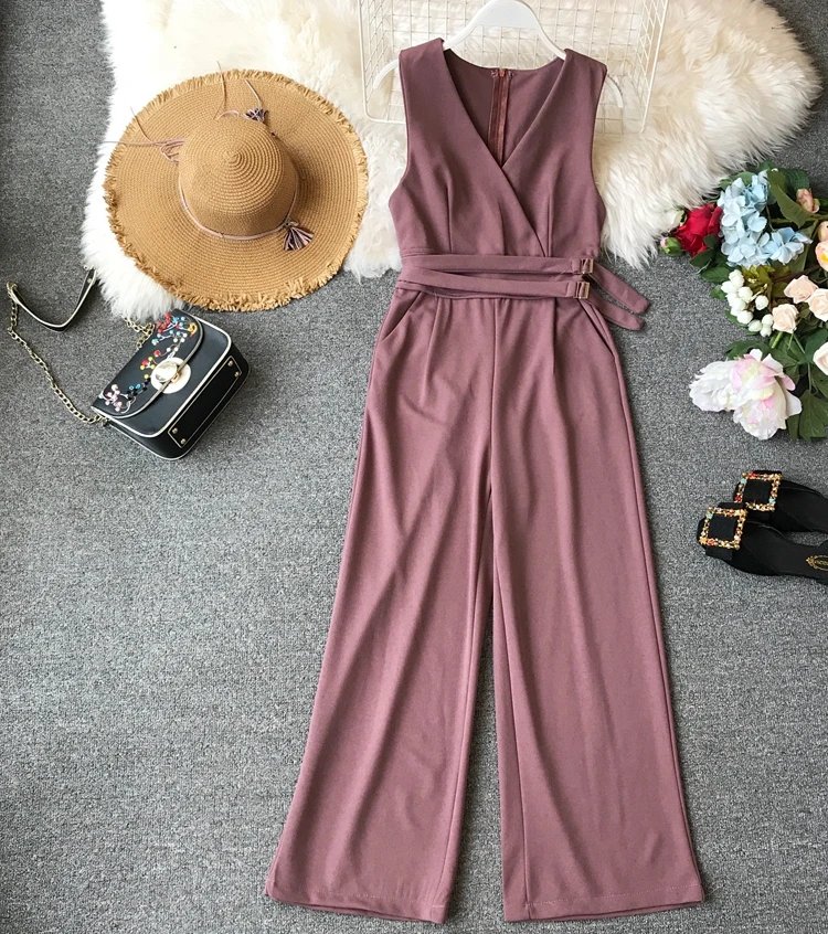 Sleeveless V-neck High Waist Sashes Wide Leg Jumpsuit