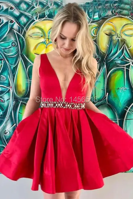 Red Short Homecoming Dresses with Jeweled Waist (1)