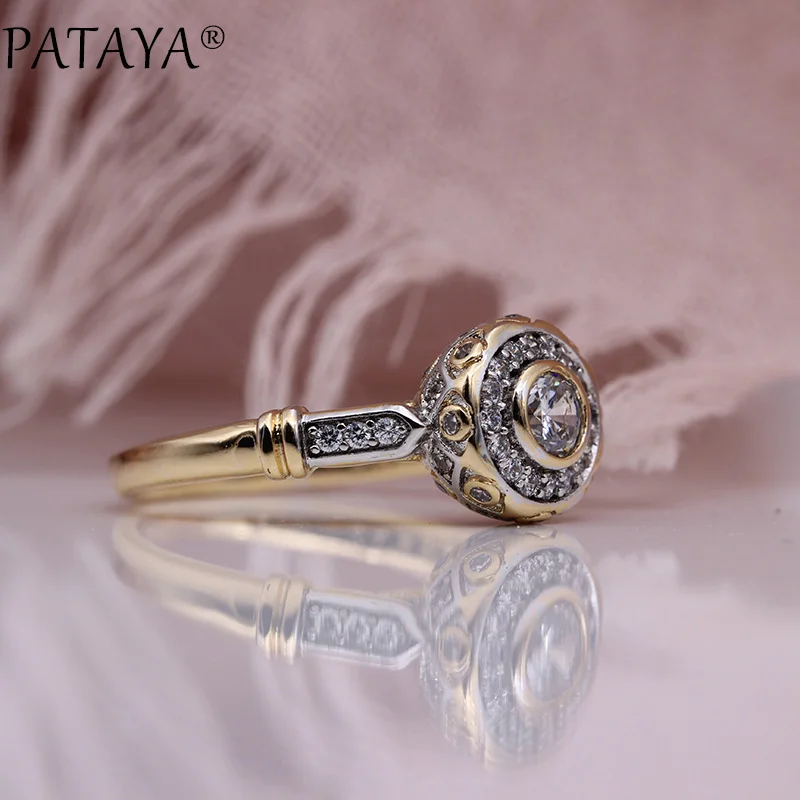 PATAYA New 585 Rose Gold Lovely Carved Natural Zircon Rings Women Fashion Jewelry Wedding Fine Craft Hollow Round White Ring - Image 4