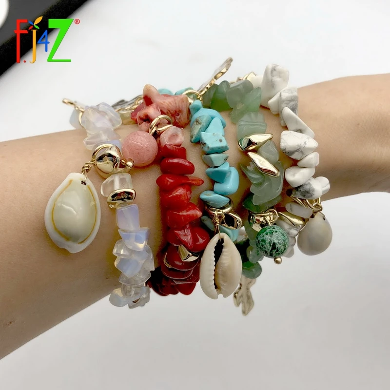 

F.J4Z Hot Nature Seashell Bracelets Women Irregular Nature Stone Beaded Cross Charm Bracelet Elastic Bangles Bransoletka Kobieta