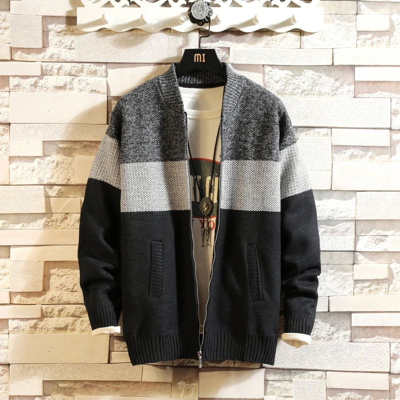 

2019 autumn and winter plus velvet thick large size S-XXXL stitching contrast color sweater loose jacket stand collar cardigan